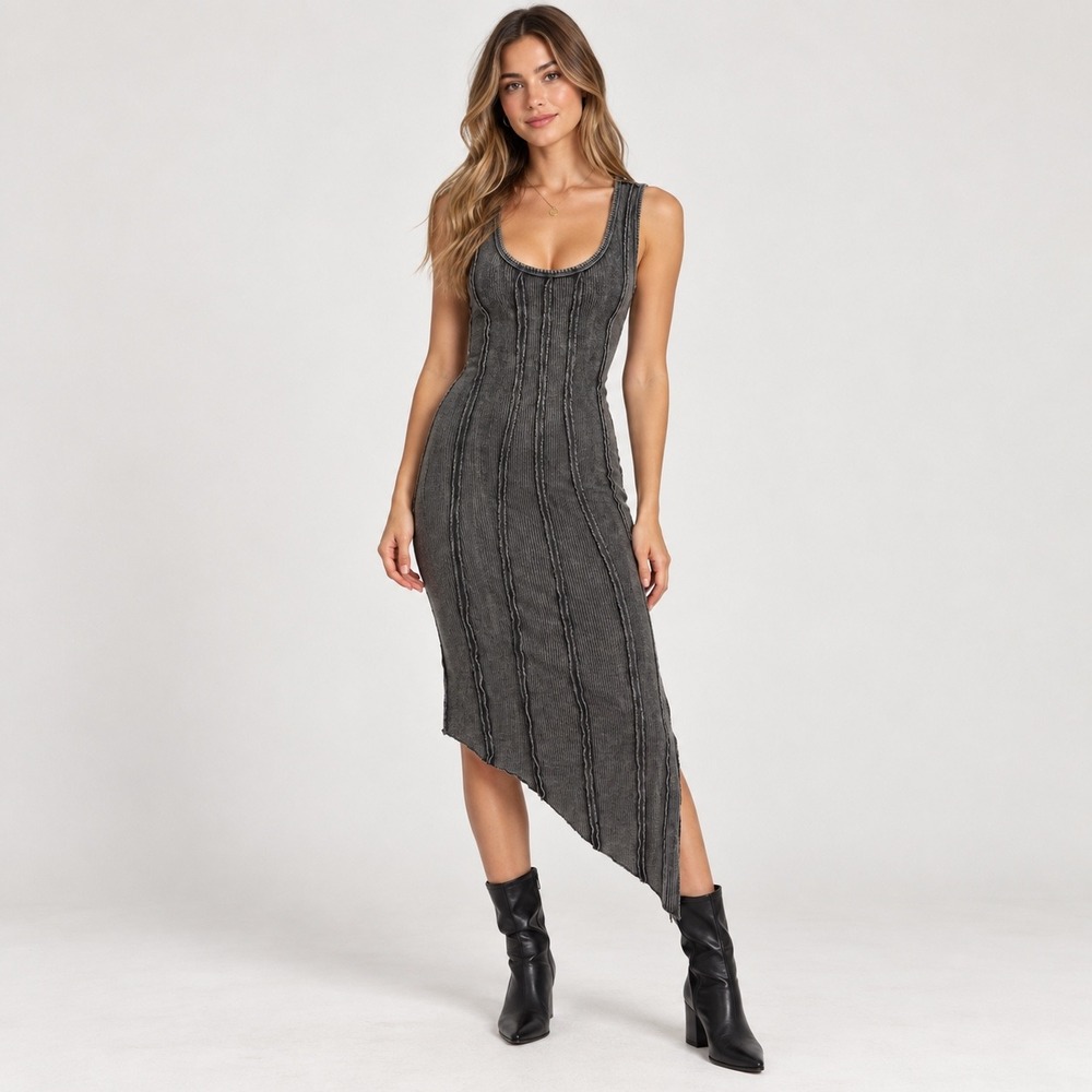 Midi Asymmetrical Dress Women M Gray Wash Ribbed Bodycon Gothic Streetwear Edgy